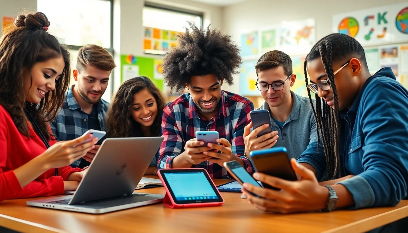 Students utilizing a smartphone solution in school life to enhance collaborative learning.