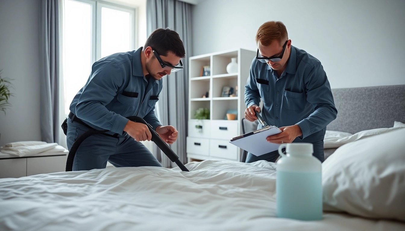 Bed bug exterminators providing thorough inspection in an apartment setting.