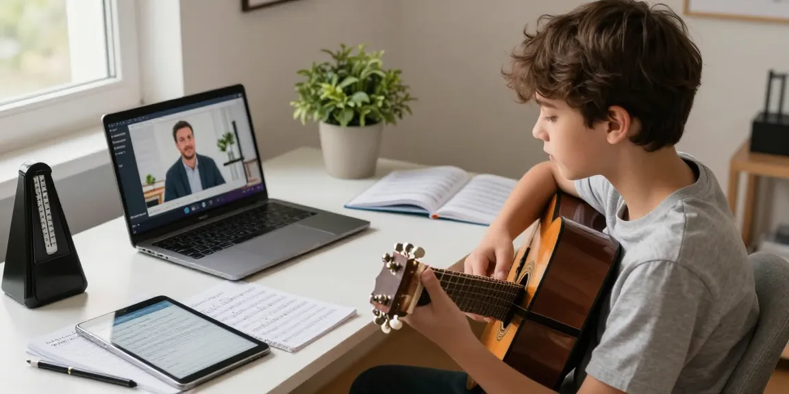 Guitar Coach Online lesson depicted with a student in a cozy studio, focused on learning classical guitar with instructor on screen.
