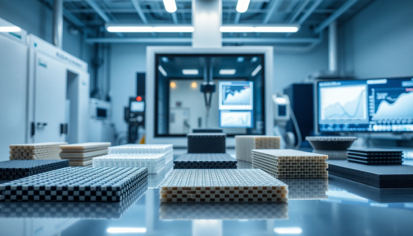 Explore engineered composites showcasing innovative designs and testing in a professional lab setting.