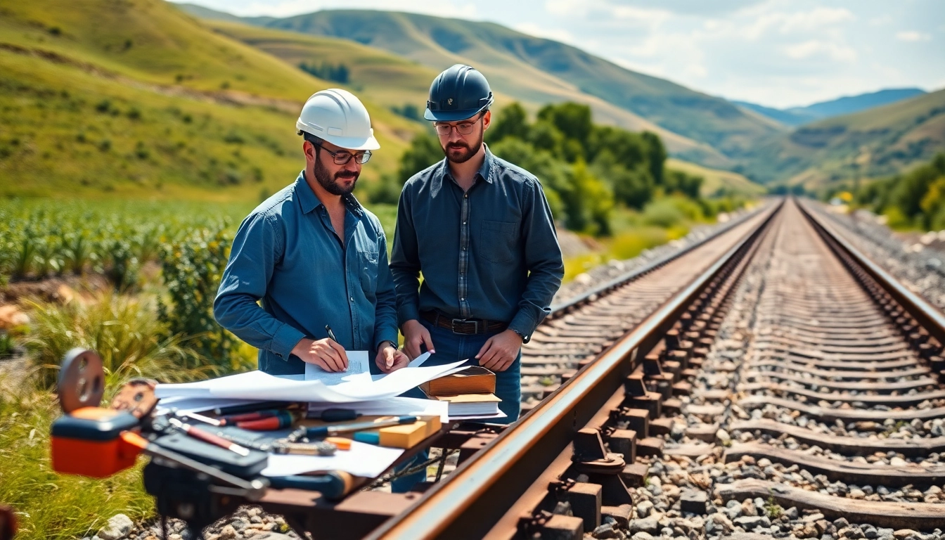 Railroad Engineering professionals analyzing railway tracks and blueprints in a scenic environment.