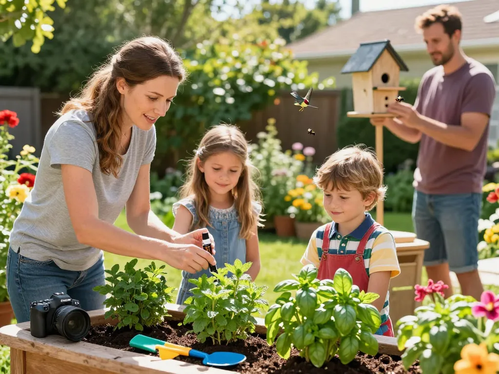 Engaging family applying pest control tips in a sunny garden, promoting natural pest management.