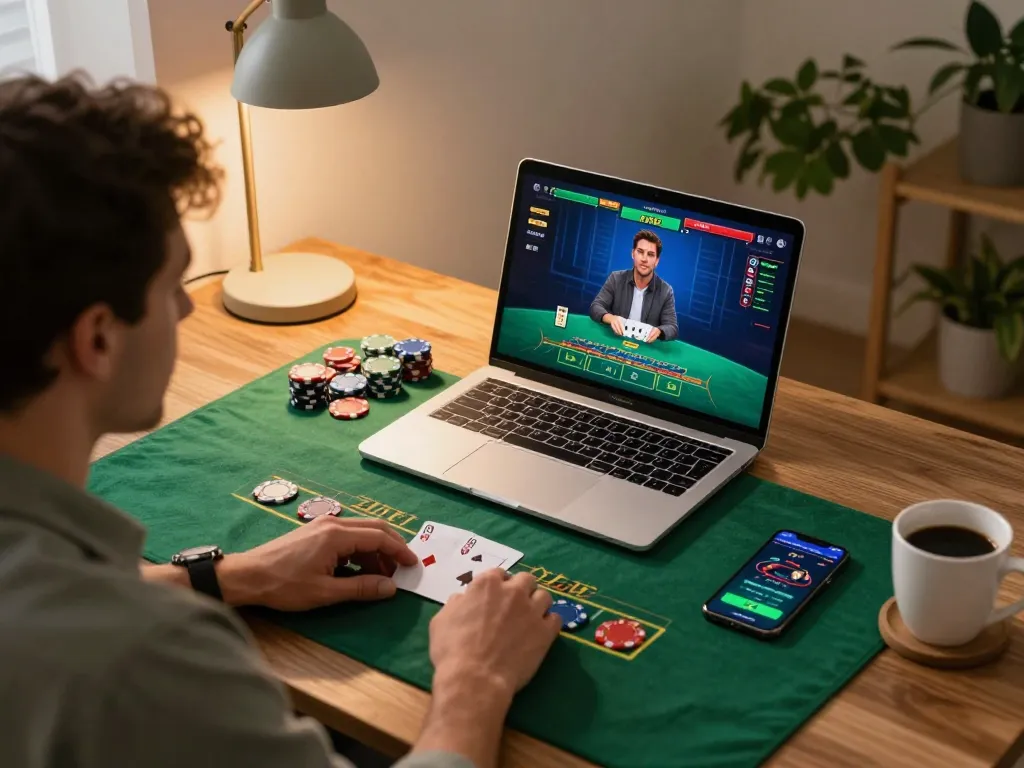 Player engaging in live dealer blackjack on laptop while using the rr88c online casino app