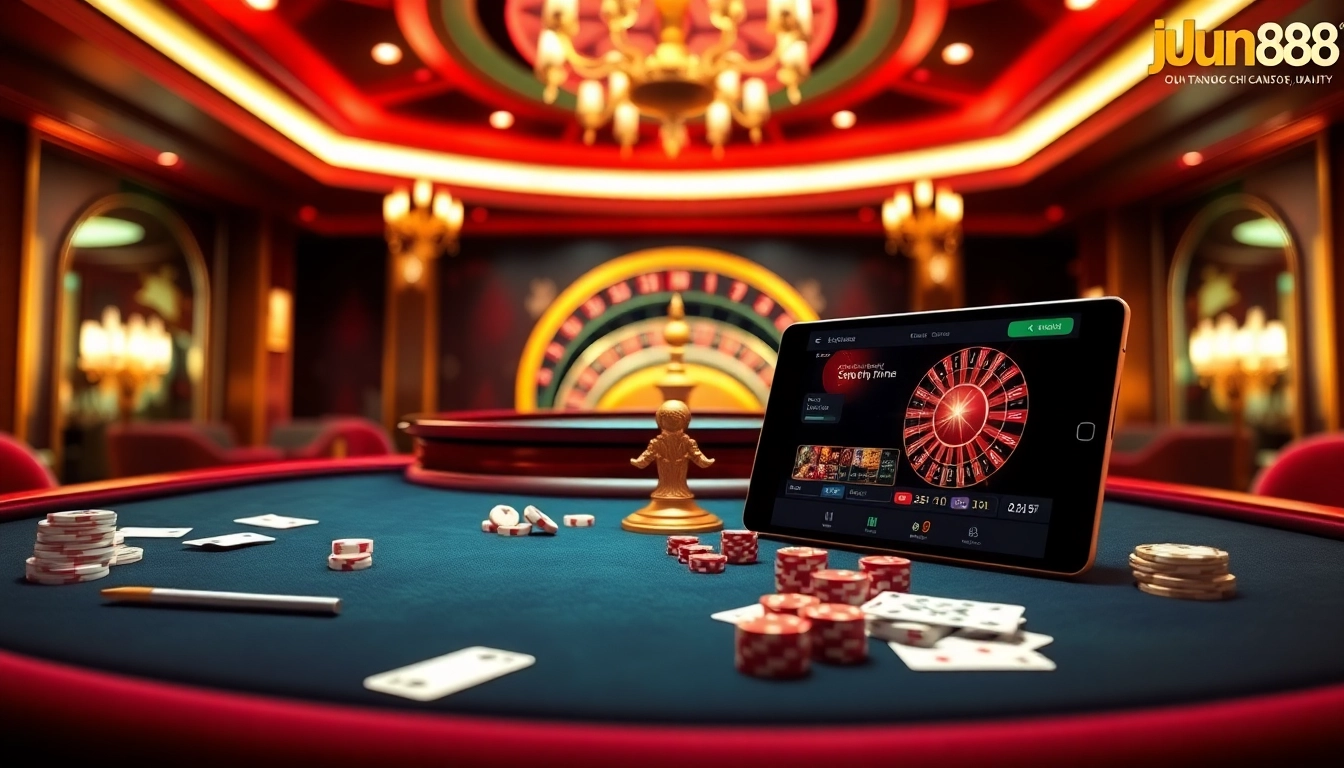 Experience the excitement of Trang Chủ Jun88 with vibrant casino tables and sleek gaming devices.