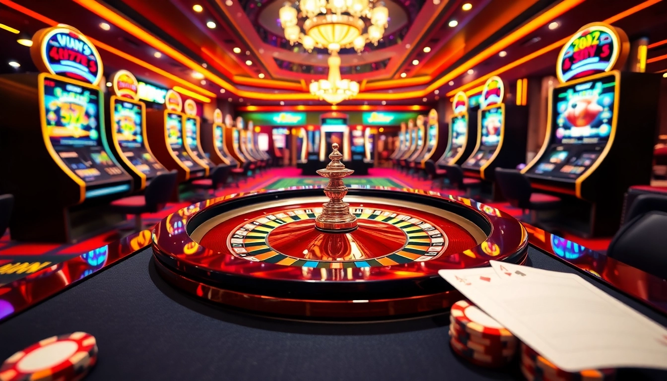 Gamble excitingly at 789win com with a vibrant casino atmosphere showcasing roulette and slots.
