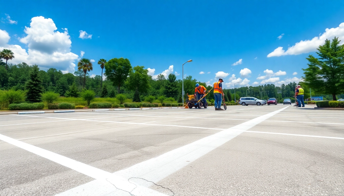 Parking lot striping County Line Road MS with professional workers creating clear parking spaces.