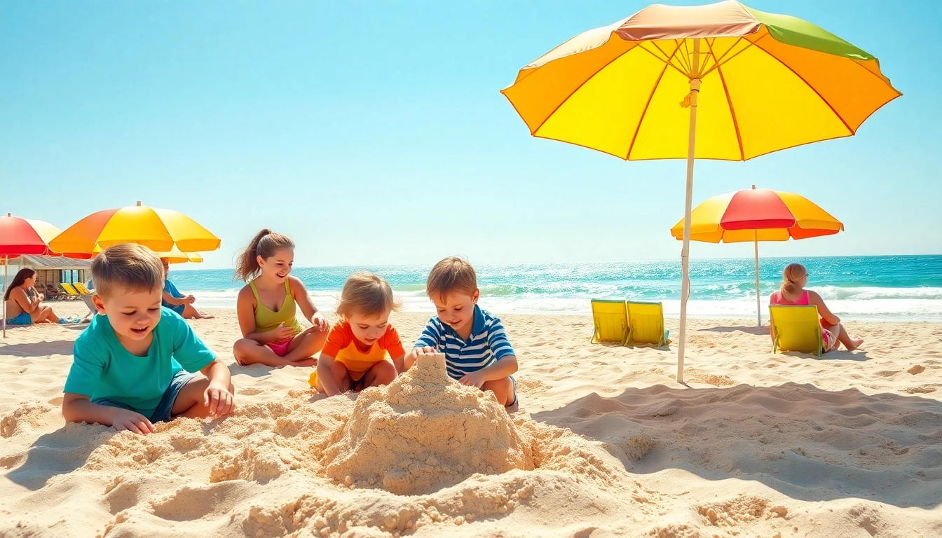 Families enjoying a sunny day at https://myrtlebeachsc.com/ with colorful beach umbrellas and sandcastles.