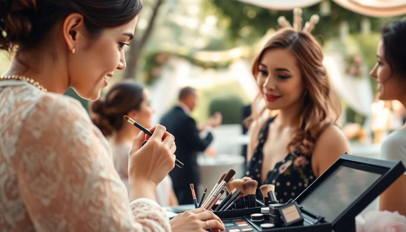 Traveling makeup artist enhancing beauty at a vibrant outdoor event with professional tools.
