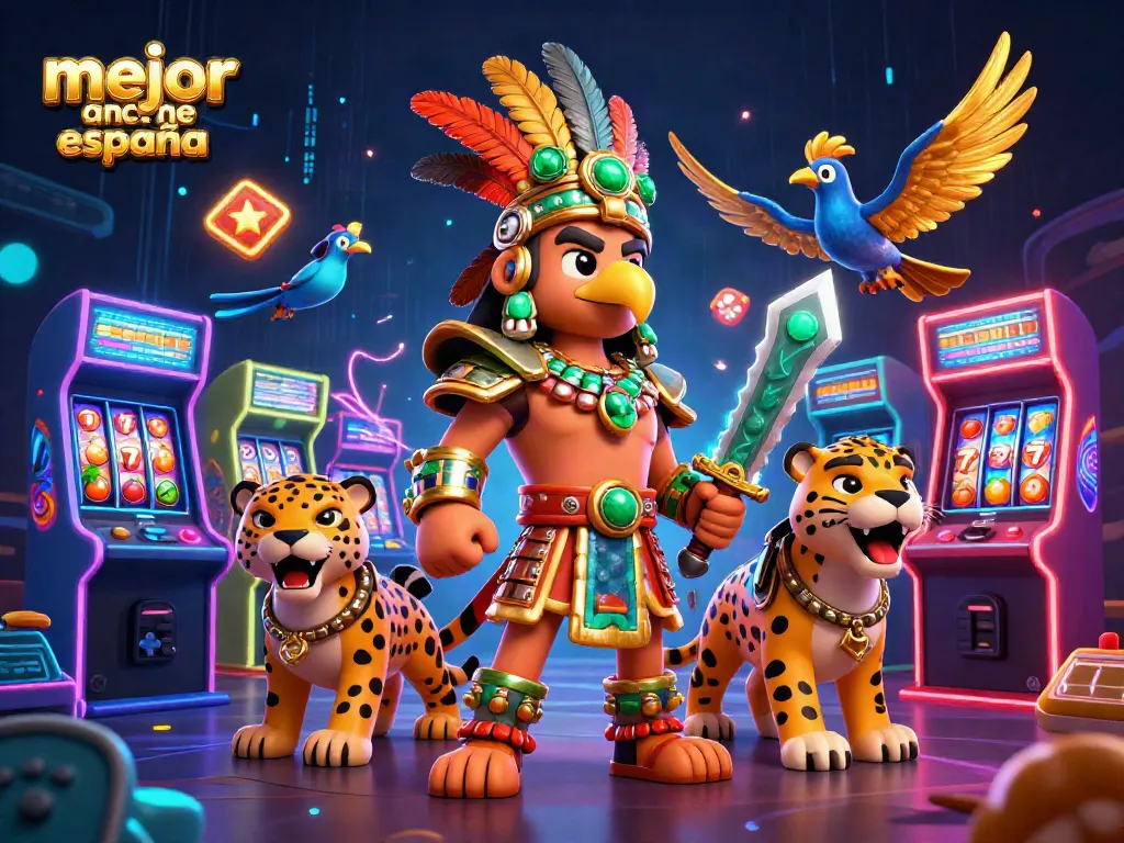 Ilustración 3D ultra detallada de mejor casino online españa con guerreros y elementos de juego.