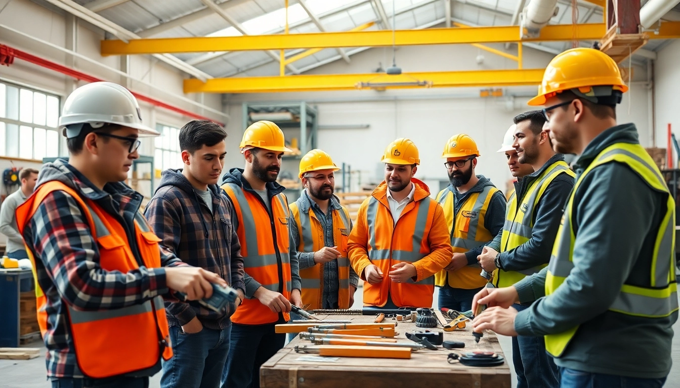 Engaged individuals in construction workforce training using tools in a modern workshop setting.