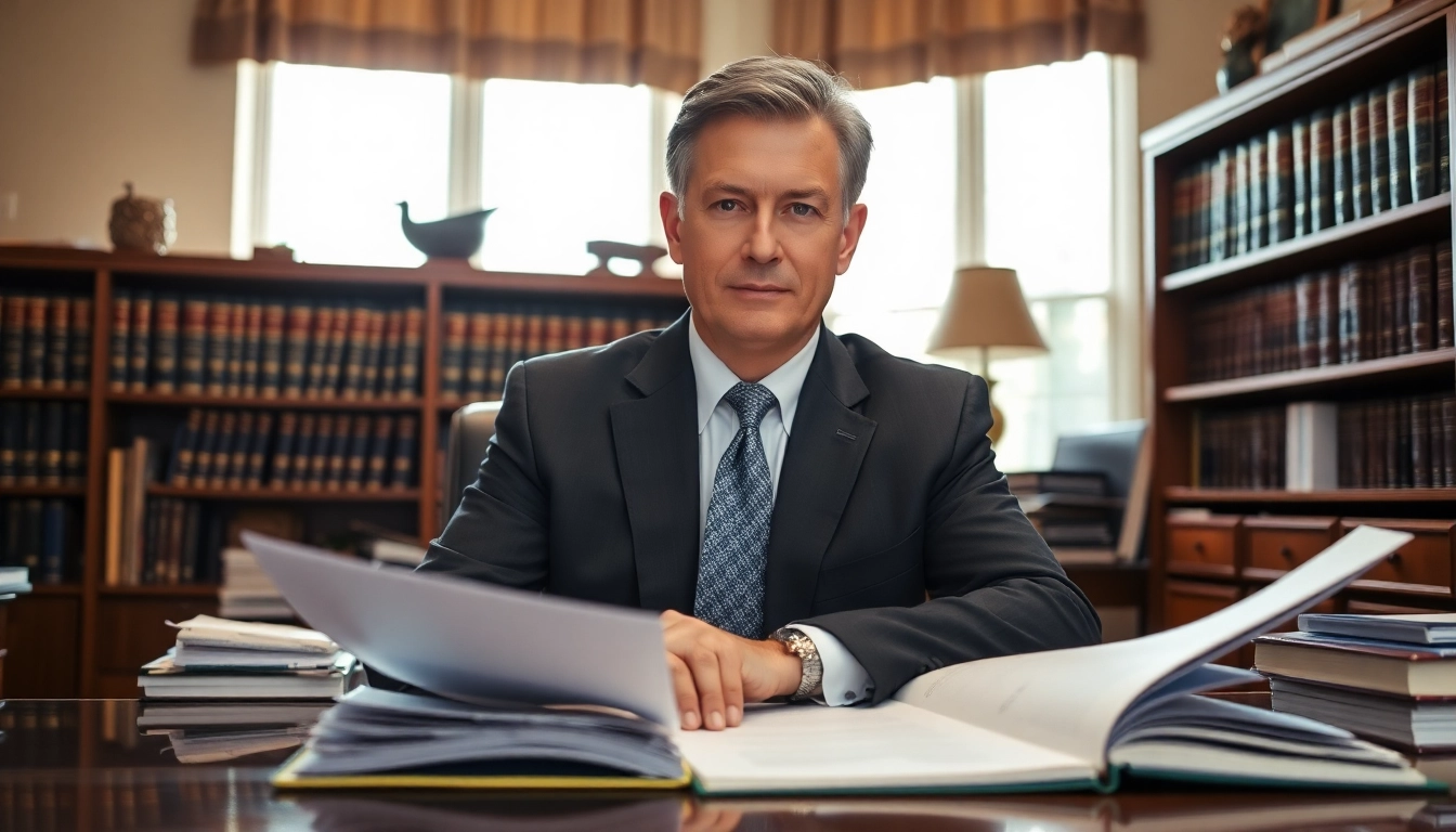 Asheville DWI defense lawyer reviewing case files in a professional office setting.