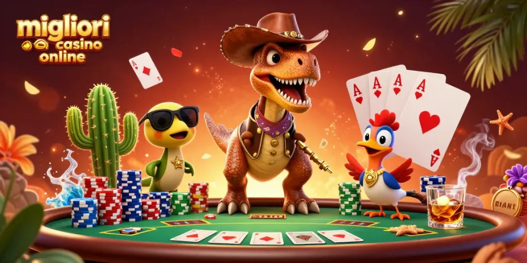 Giocando nei migliori casino online, il T-Rex e amici sfoggiano emozioni con carte e chips.