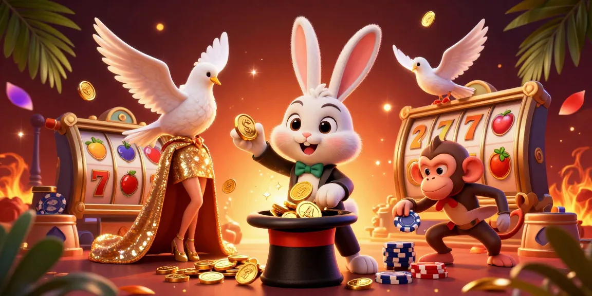 Joueur au casino en ligne attrapant des pièces d'or dans un chapeau magique avec des jeux de cartes flottants.
