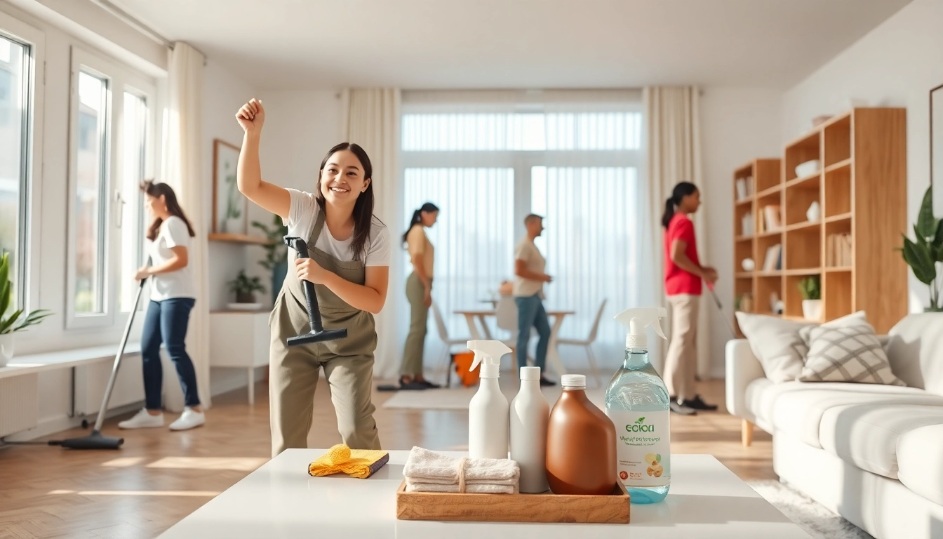 Cleaning service professionals performing tasks in a bright, tidy home environment.