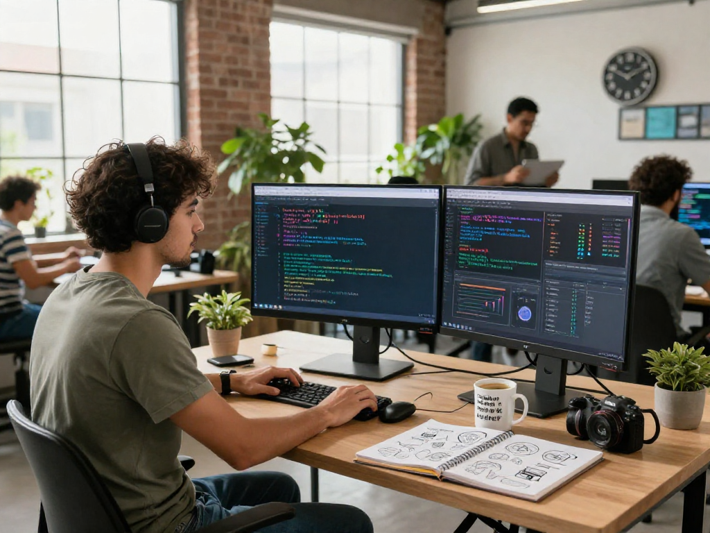 Data scientist analyzing AI algorithms in vibrant tech workspace, highlighting crushon ai innovation.