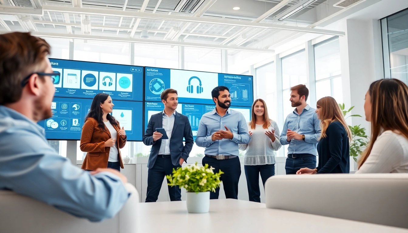 Team working collaboratively with ai tools in a modern office.