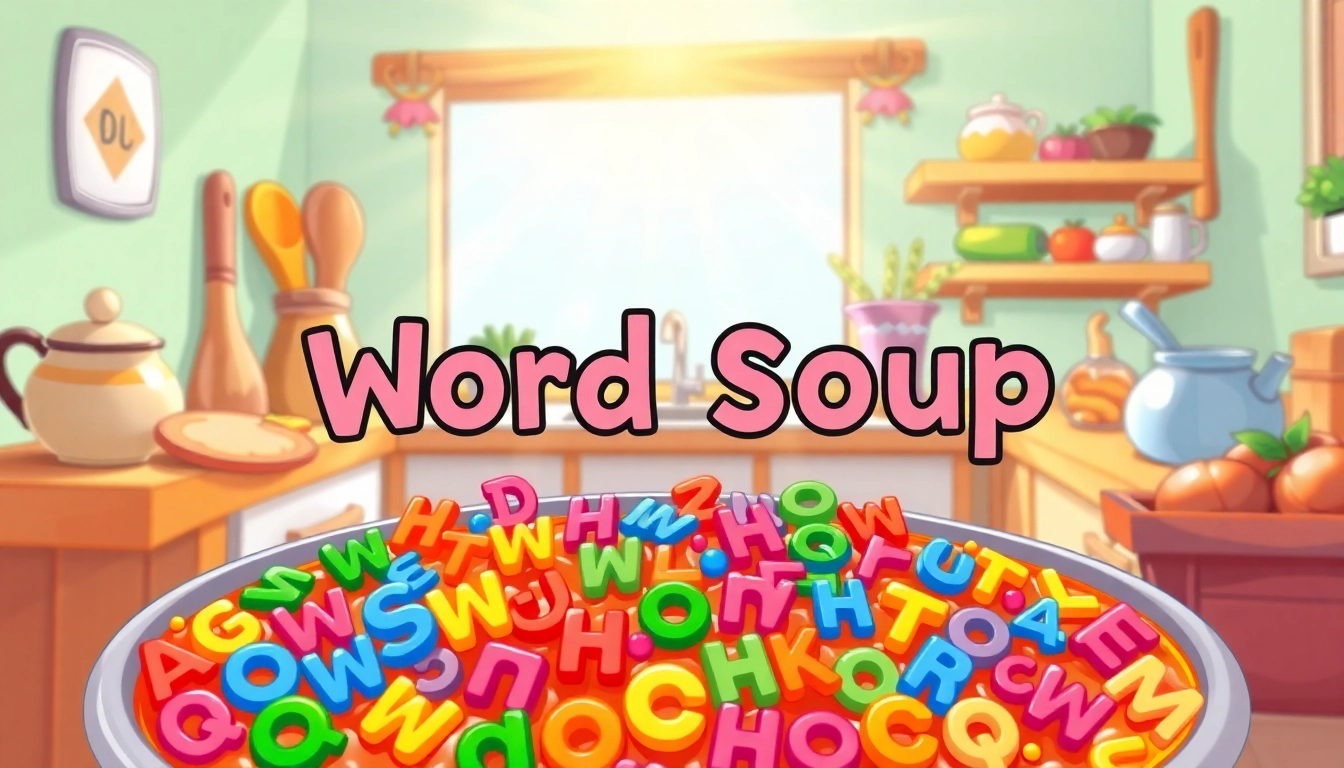 Interactive Word Soup game featuring colorful letters in a cheerful kitchen setting.