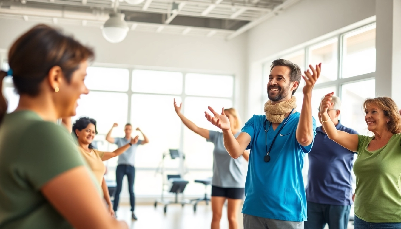 Health in Motion Rehabilitation featuring a professional therapist guiding diverse patients in a supportive clinic.