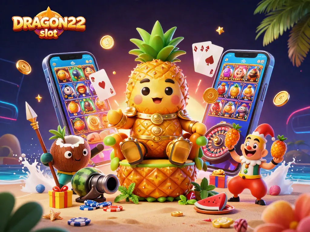 Play exciting games at DRAGON222 slot with immersive 3D illustration of a casino scene, showcasing fun elements and thrilling action.