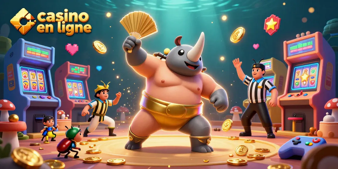 Casino en ligne : Un combattant scarabée sumo domine la scène avec des pièces d'or et des machines à sous colorées.