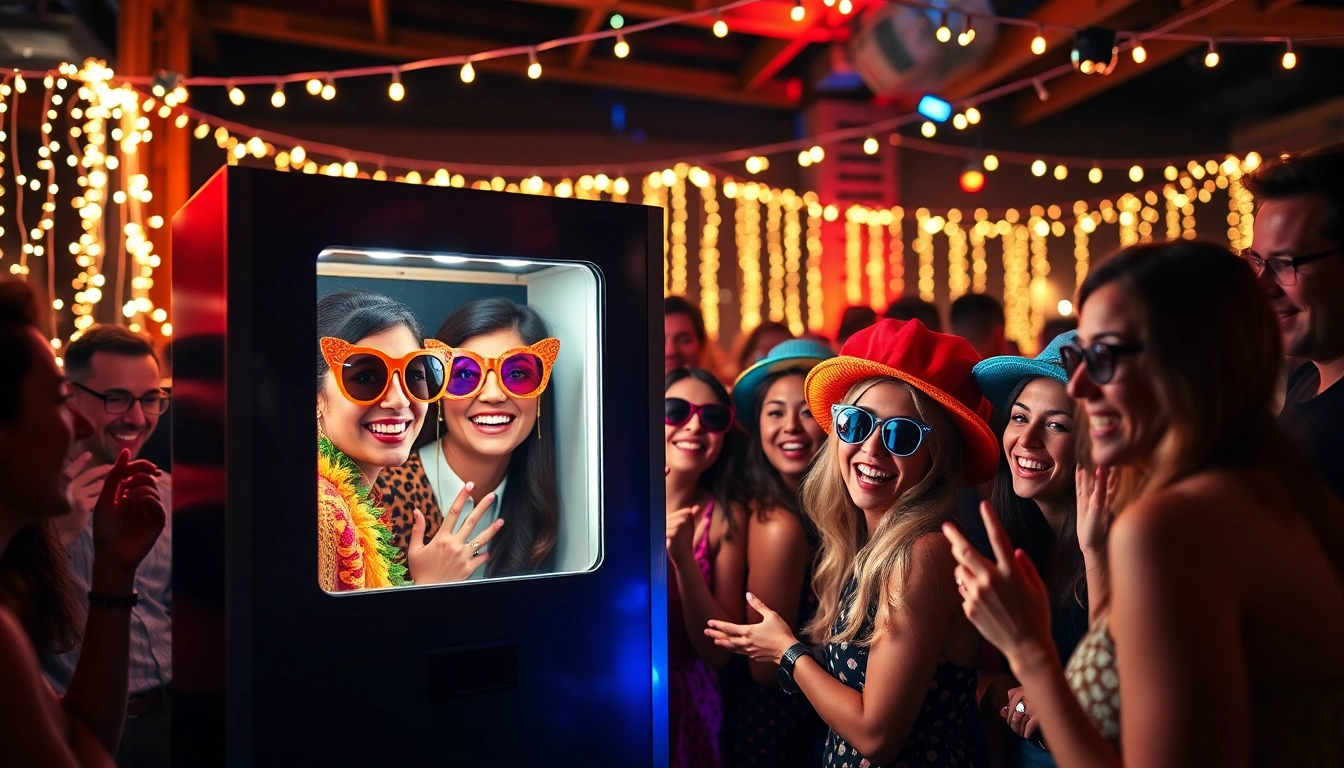 Guests enjoying a photo booth rental with fun props at a lively event.