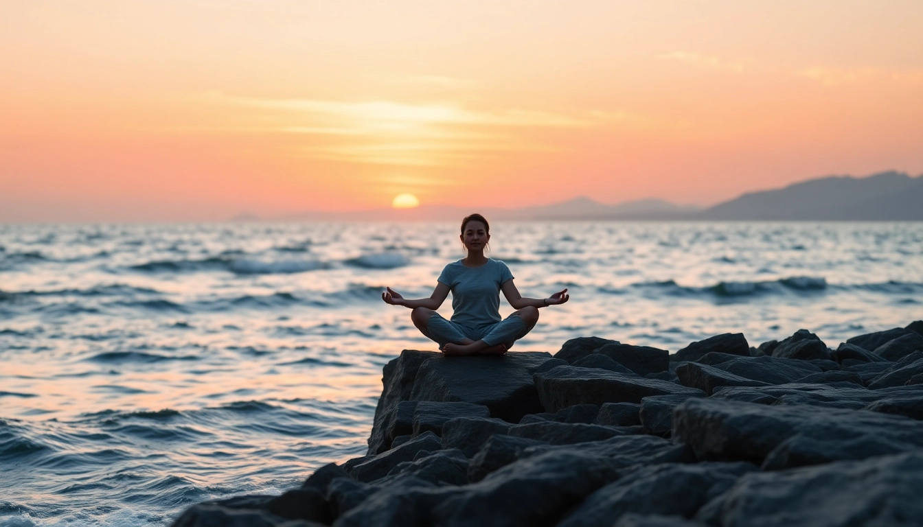 Meditating person on rocky shoreline symbolizes life in a break down and mental wellness.