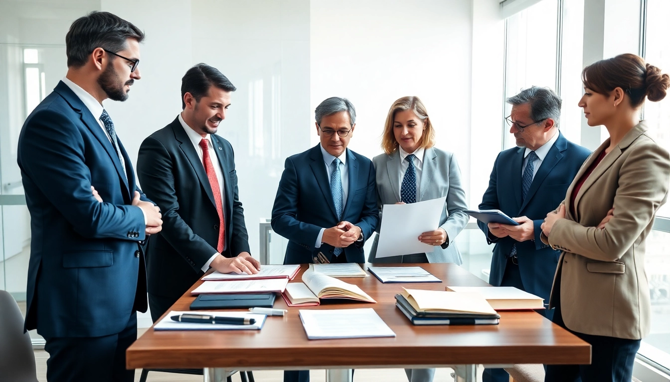 Engaged USA lawyers collaborating in a bright modern office setting