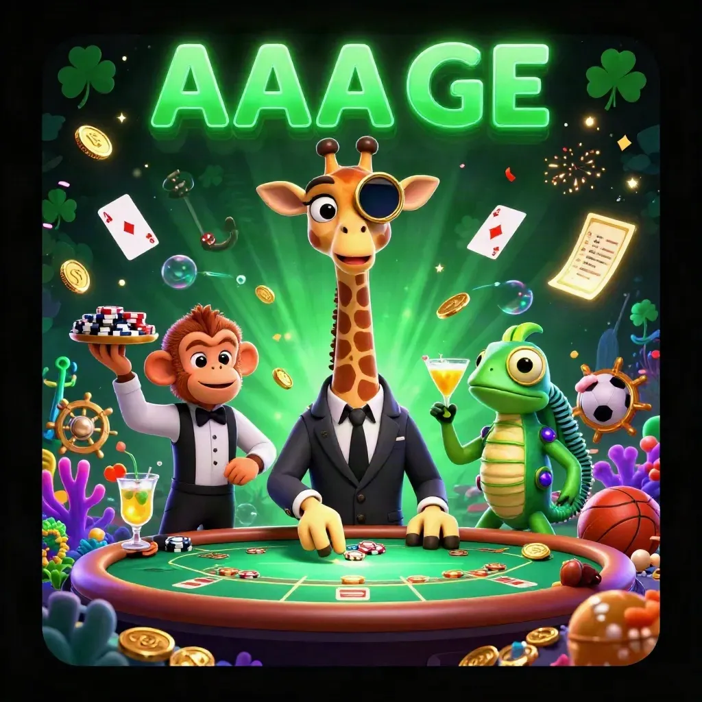 Giraffe, monkey, and chameleon amid treasure, coins, coral, fireworks, and neon casino glamour.