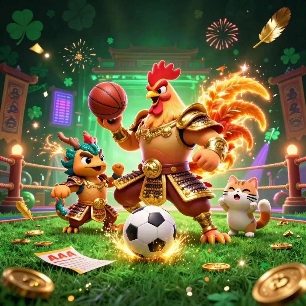 Rooster warrior, dragon hatchling and fortune cat amid casino sports chaos and glowing coins.