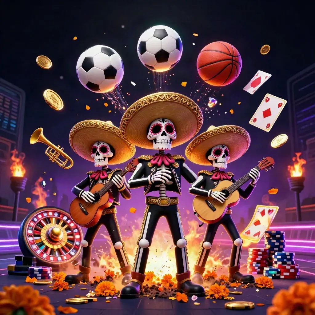 Skeleton mariachi trio amid coins, cards, roulette, soccer ball, basketball and neon casino light.