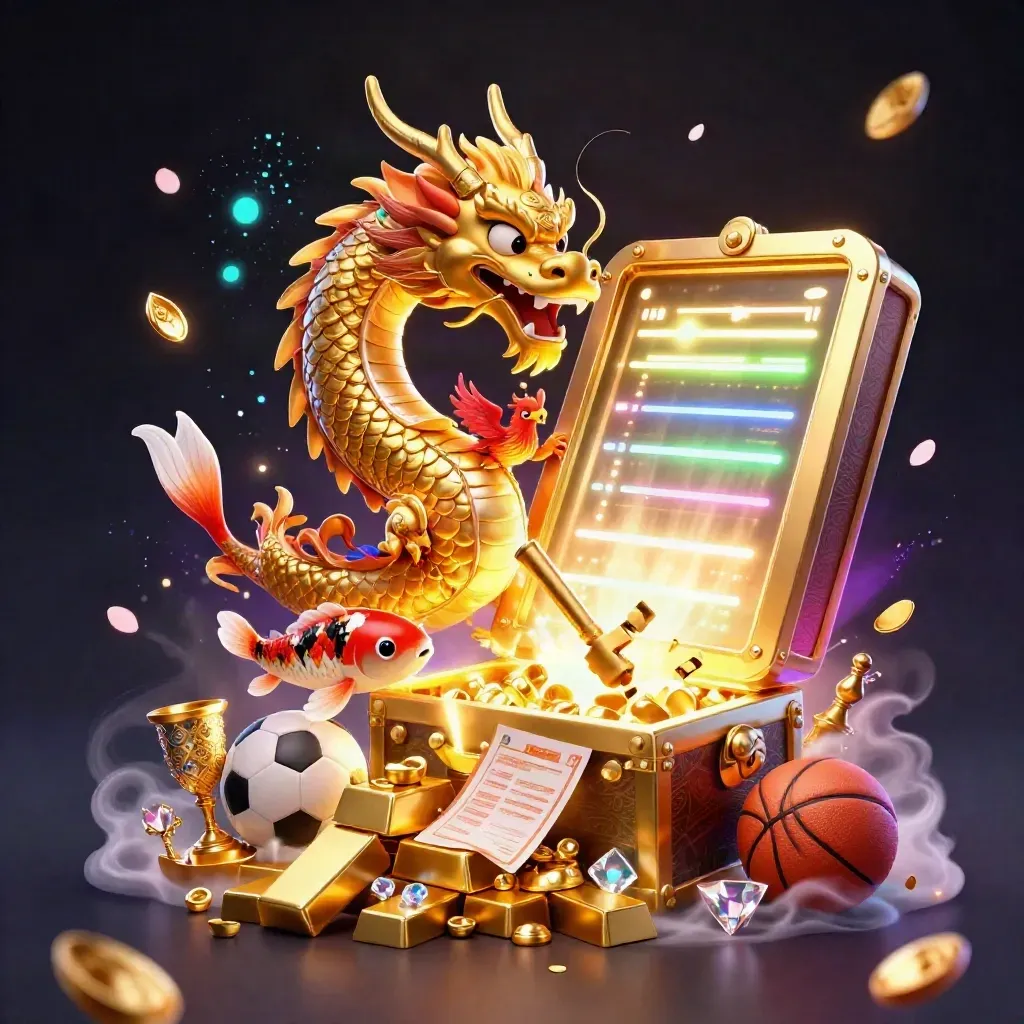Golden dragon and phoenix guarding treasure amid sports props and glowing casino light, 3D key art