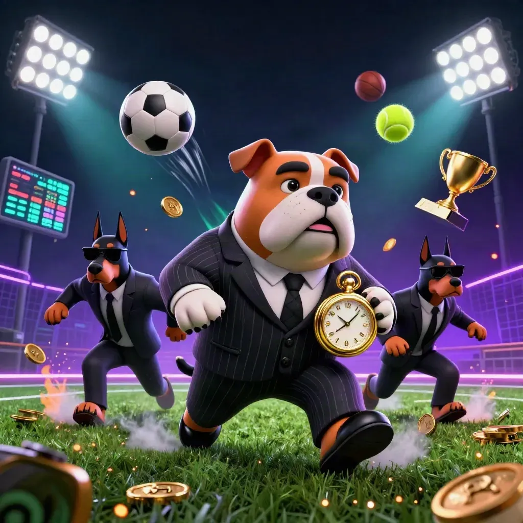 Cartoon bulldog mob boss with Dobermans, flying balls, trophy, coins and neon stadium lights.