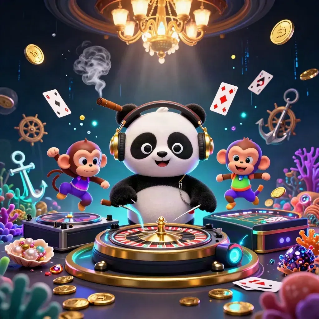 DJ panda, monkey, and glow-stick kitten in a luxe casino-treasure cove scene.