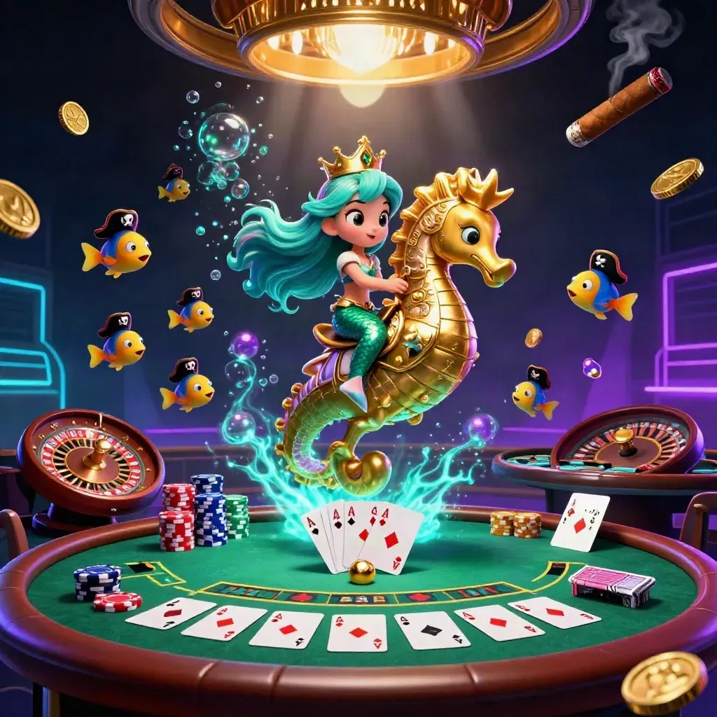 Mermaid princess on a golden seahorse amid casino tables, chips, cards, and glowing underwater luxury.