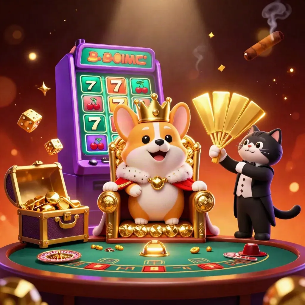 Royal corgi and cat butler amid casino luxury, slot burst, gold dice, smoke, and glowing lights.