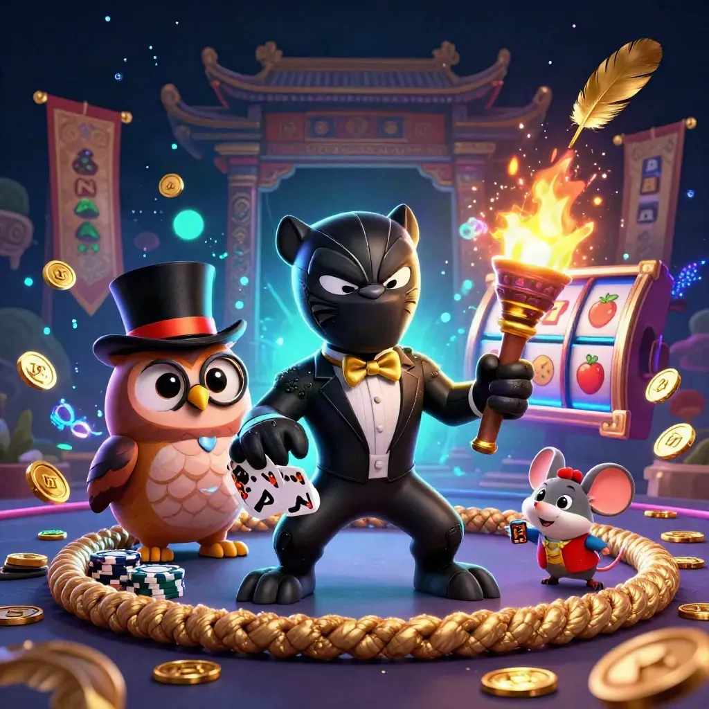Panther, owl, and mouse casino heroes amid coins, reels, temple gate, and emerald energy.