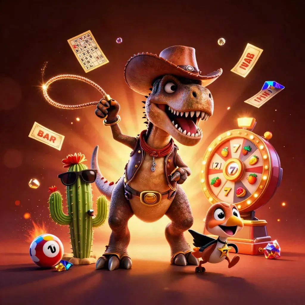 Cowboy T-Rex, cactus sidekick, and sheriff roadrunner burst with casino treasure and neon glow.