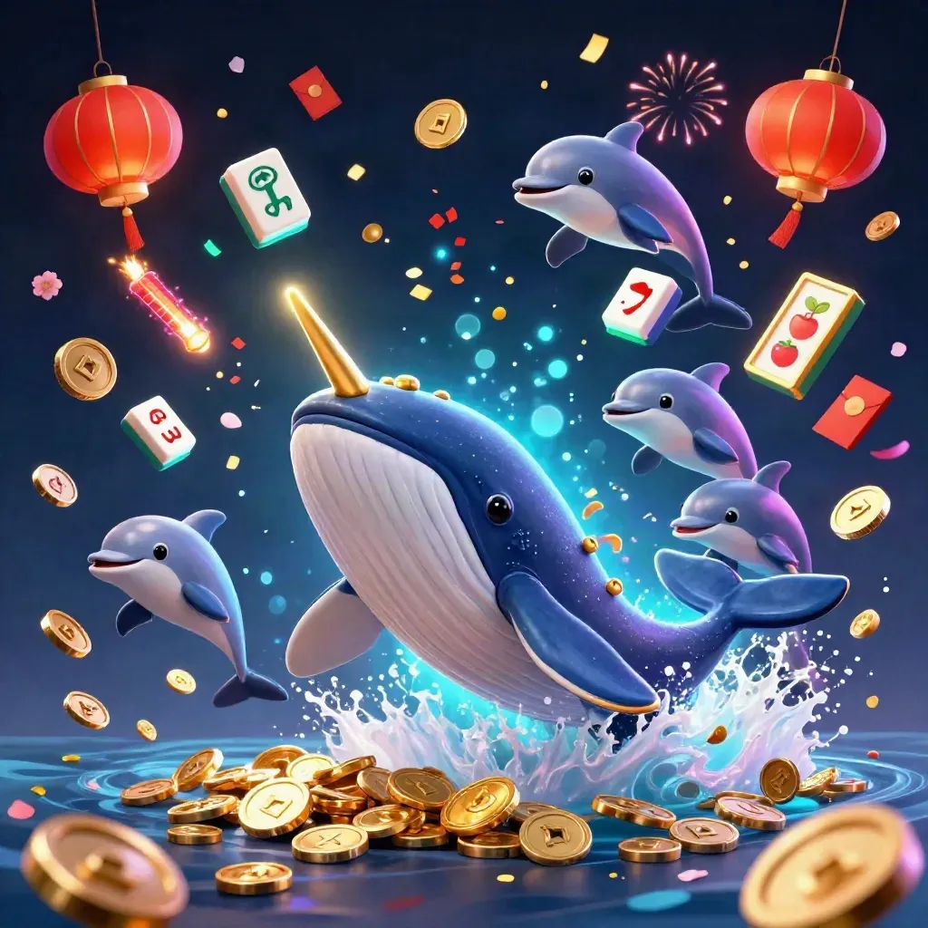 Whale captain, narwhal, and dolphins burst through gold coins with casino props and neon effects.