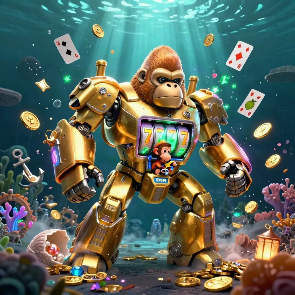 Golden gorilla mech with tiny monkey pilot bursts through an underwater treasure cove