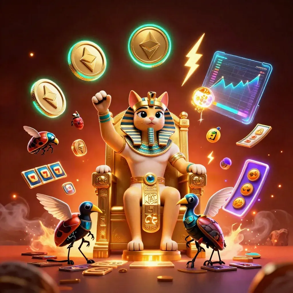 Pharaoh cat, ibis scribe, and scarab beetles amid emerald coin bursts and casino magic.
