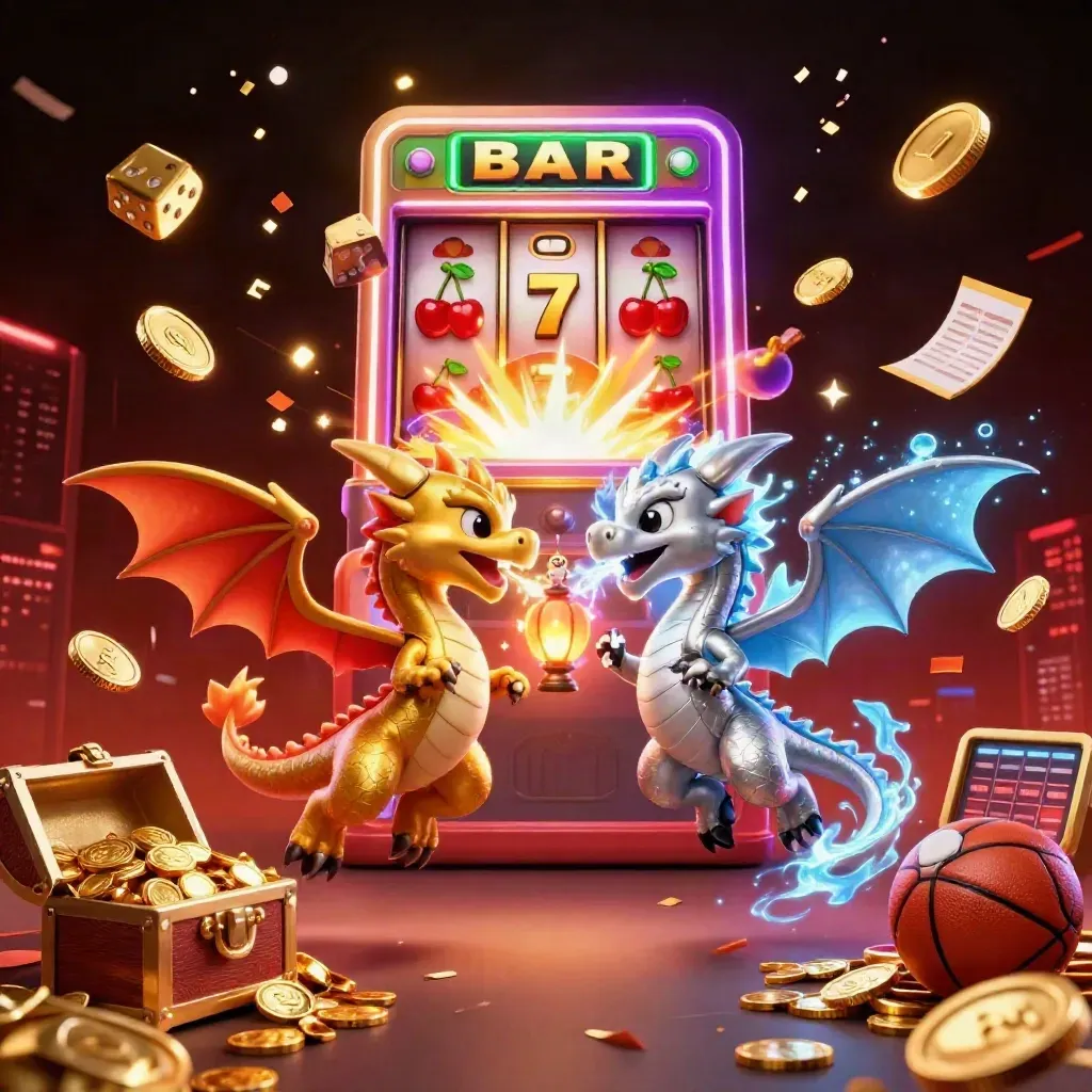 Gold and silver dragons explode from a jackpot slot with coins, treasure, fireworks, and sports props.