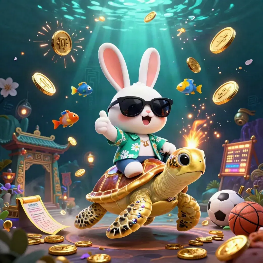 Lucky rabbit rides a gold turtle through a coin burst with fireworks in a neon underwater casino scene.