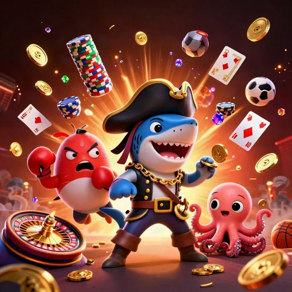 Pirate shark, boxing pufferfish, and juggling octopus amid coins, chips, cards, fireworks, and casino glow