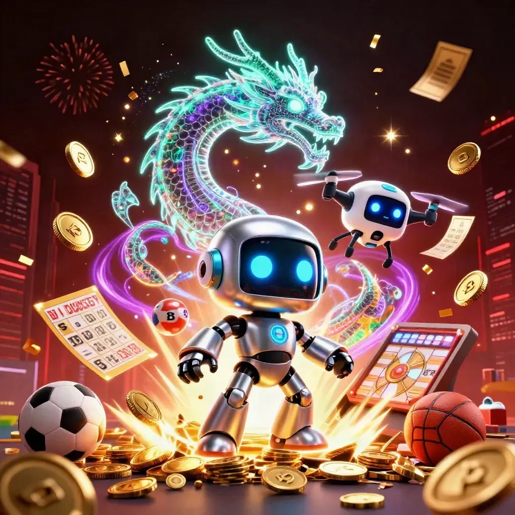 Cyberpunk robot, holographic dragon and coin drone amid coins, fireworks and casino prizes.