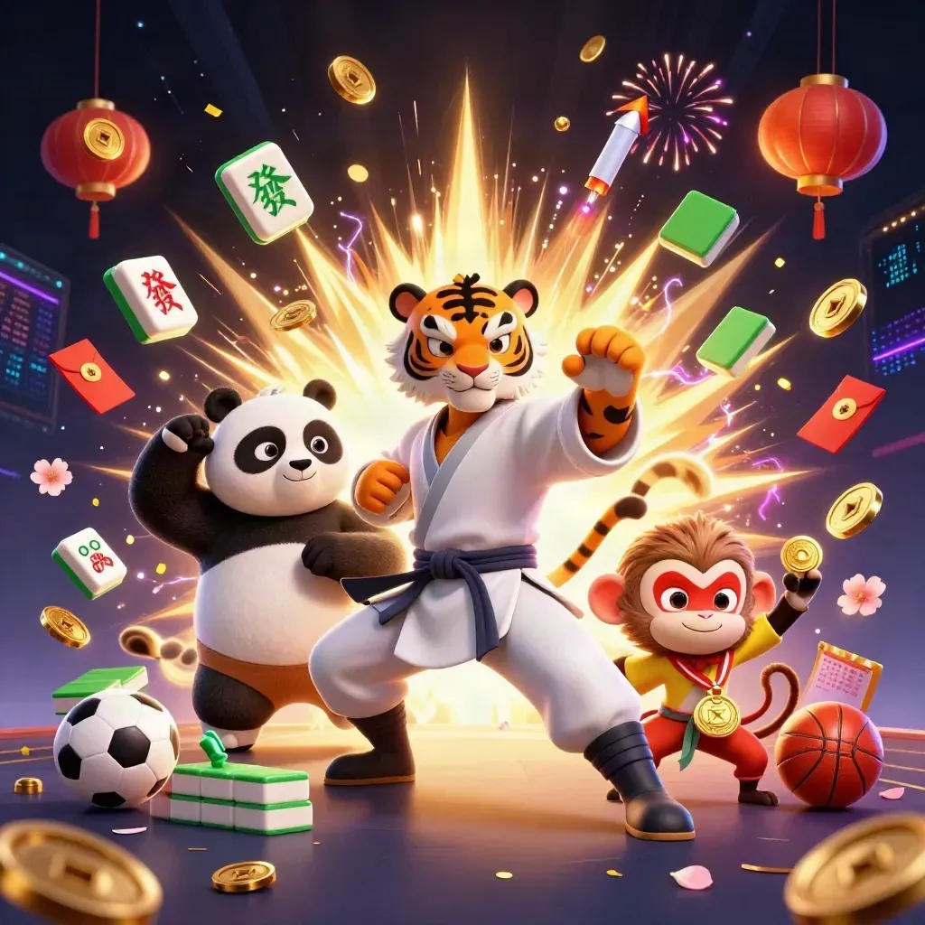 Tiger, panda, and monkey pose amid coins, fireworks, and casino loot in a luxe neon burst.