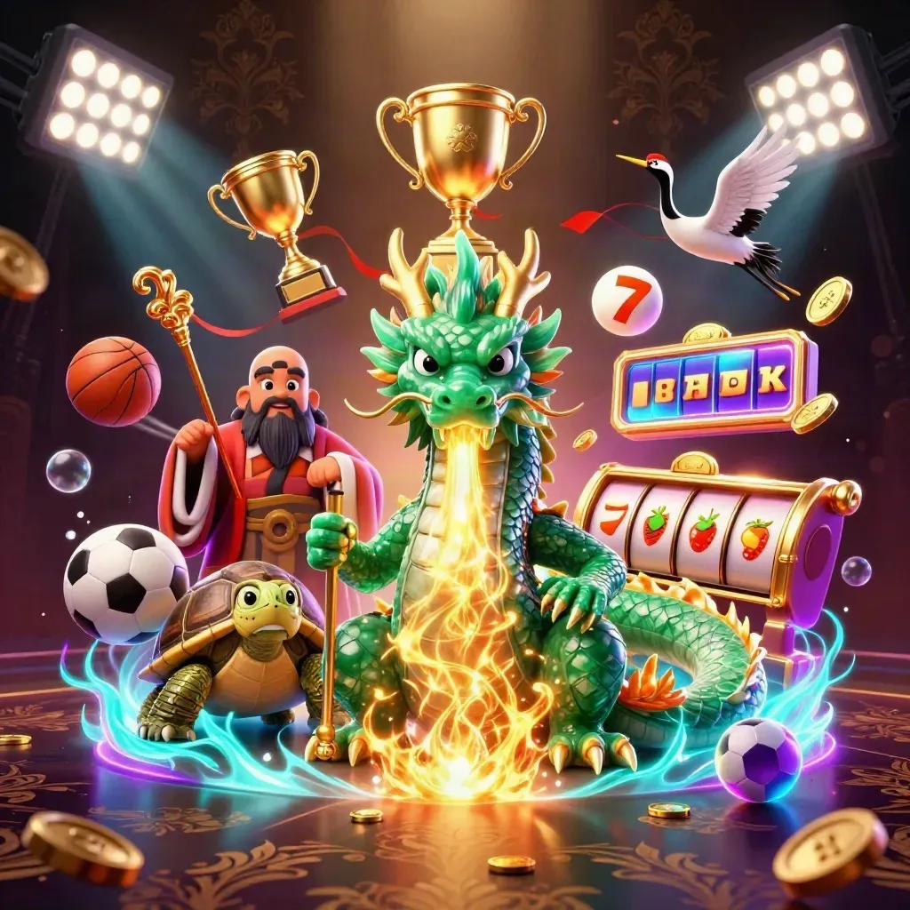 Emerald dragon, turtle sage, and cranes amid gold fire, slot symbols, and casino lights.