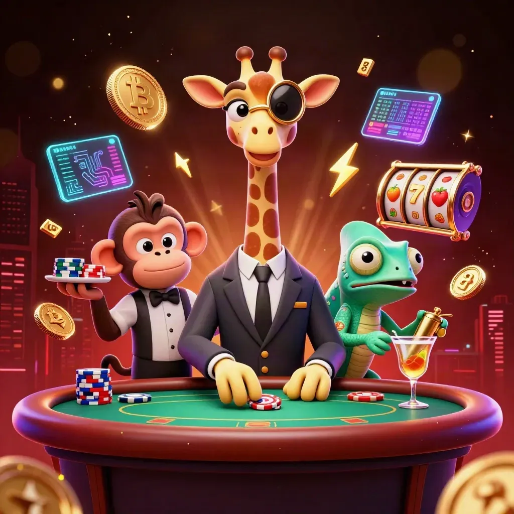 Giraffe high roller, monkey valet, and chameleon bartender amid neon casino coins and lights.