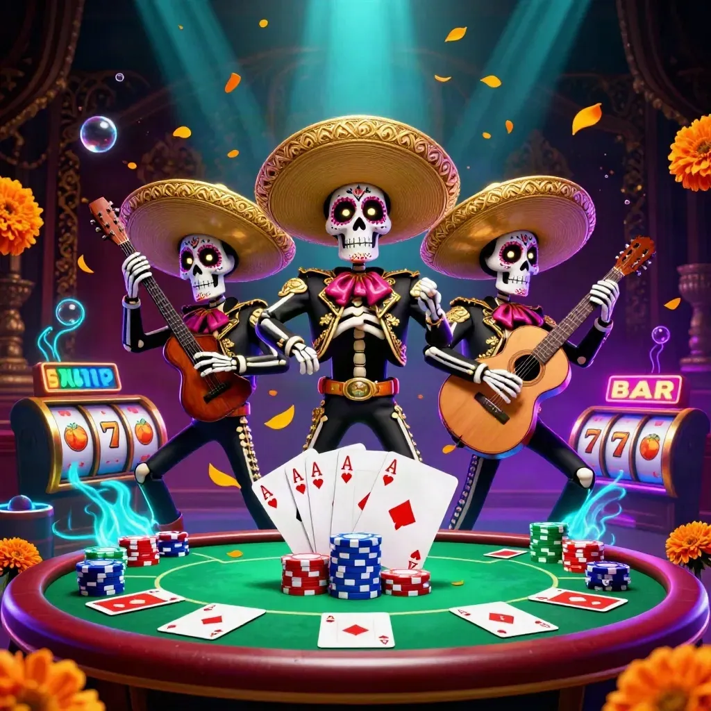 Day-of-the-Dead skeleton mariachi trio amid poker chips, aces, reels, and neon casino glow.