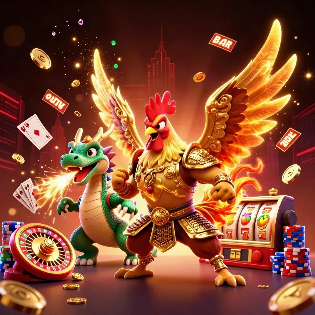Rooster warrior, dragon hatchling, and fortune-cat amid casino coins, chips, cards, and glowing reels.