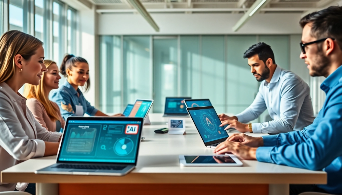 Collaborative team exploring innovative ai tools in a modern office setting.